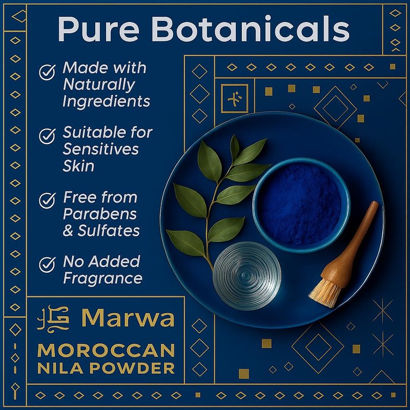 Dar Marwa Moroccan Nila Powder – 100% Pure Saharan Indigo Face, Body & Hair Mask | Brightens, Exfoliates & Evens Skin Tone | Handmade Hammam Ritual | Vegan, Detoxifying | 1.7 Oz (50g)