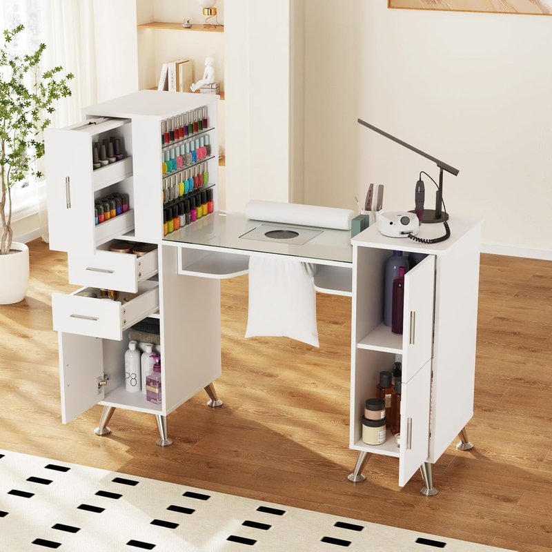 Kikihouse Manicure Table Nail Station w/Glass Top, Dust Collector, 4 Dust Bags, Storage Drawers & Cabinets, Nail Desk Beauty Salon Workstation (White)