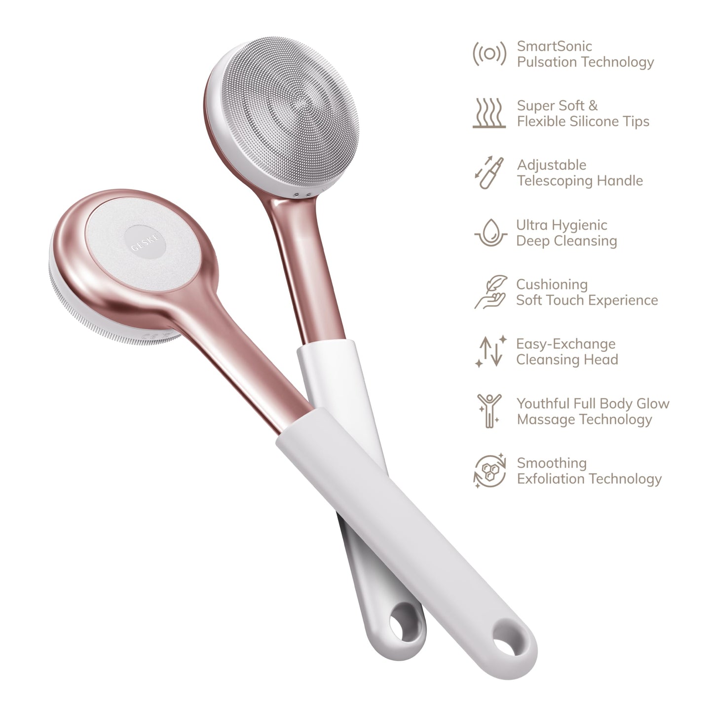 GESKE Sonic Full-Body Brush & Intensive Exfoliator | 8 in 1 | Electric Body Cleansing Brush | With SmartSonic Pulsations | Deep Cleansing, Exfoliation, Massage | Extendable Handle | Rough Skin Remover