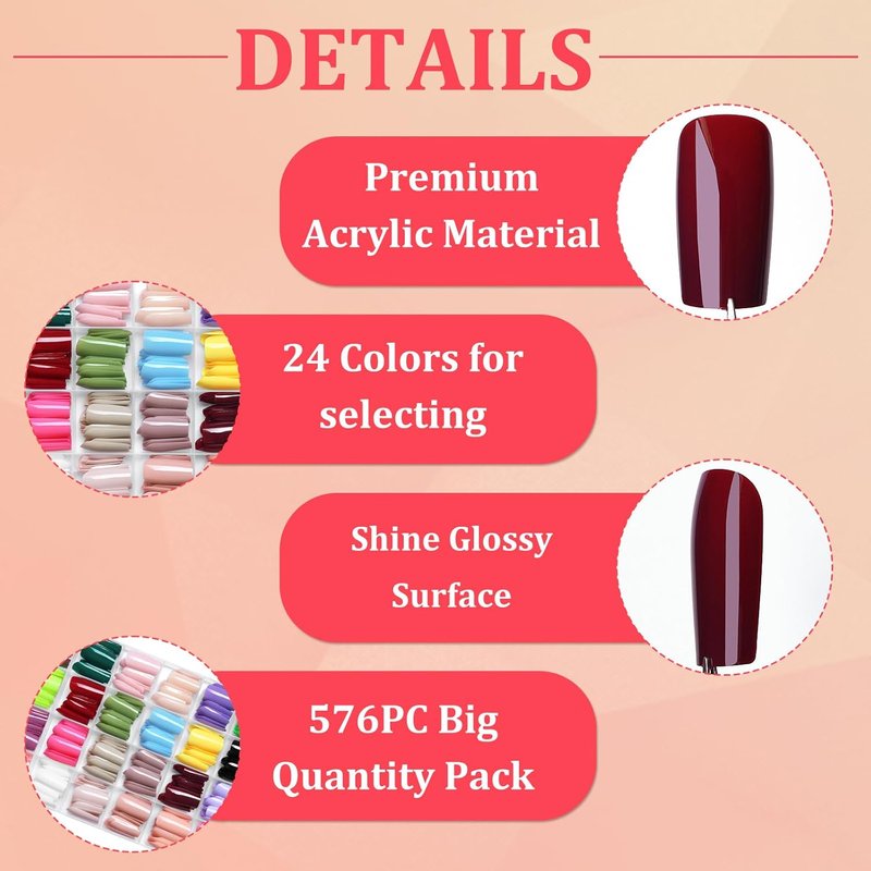 Skiennix 576pc Square Press-On Nails | Medium Acrylic Fake Nails in 24 Vibrant Colors