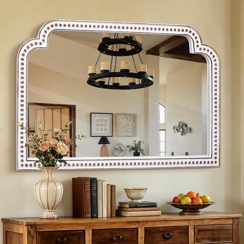 HOITUZYUS Farmhouse Wooden Wall Mirror - 24x36 Inch Beaded Decor for Living Room, Bedroom, Entryway