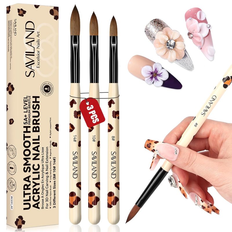 SAVILAND Acrylic Nail Brush Set - 3Pcs Leopard Print for Beginners | Sizes 8/10/14, Professional Nail Art Tools