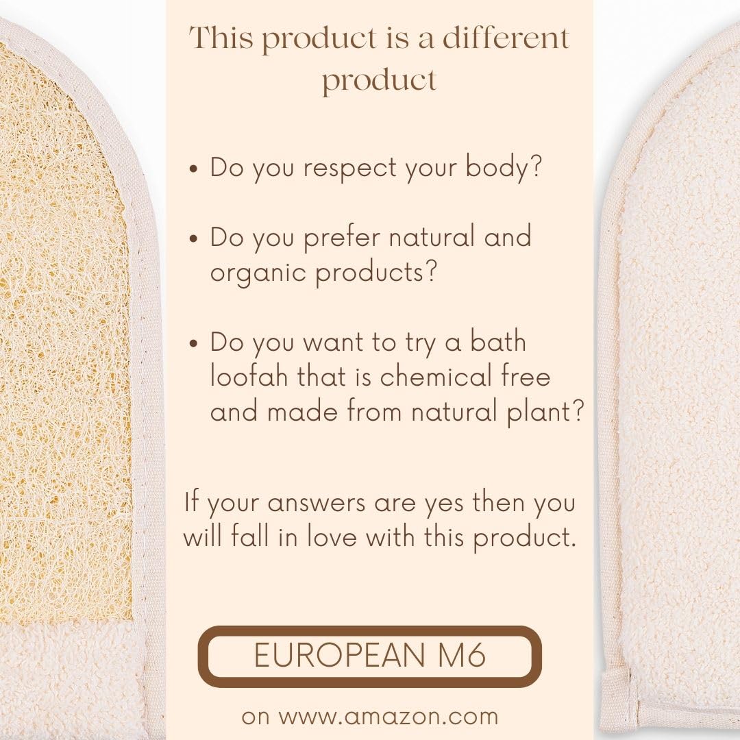 European M6 Loofah Exfoliating Body Scrubber Mitt – Dual-Sided Natural Egyptian Luffa Glove for Shower & Bath | Large Size Organic Loofah Sponge for Deep Body Cleansing | for Women & Men