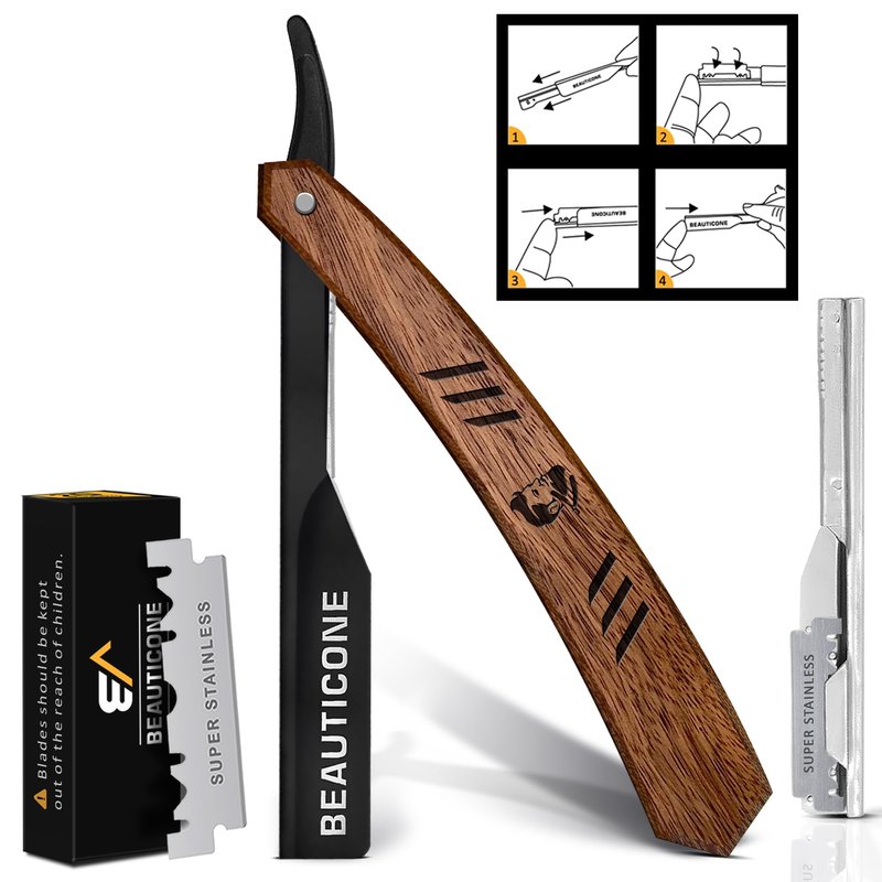 BEAUTICONE Straight Razors for Men - Professional Wood Handle Straight Edge Razor with 20 Replaceable Single Edge Blades - Stainless Steel Barber Shavette for Beard Shaving - Navajas para Barbero