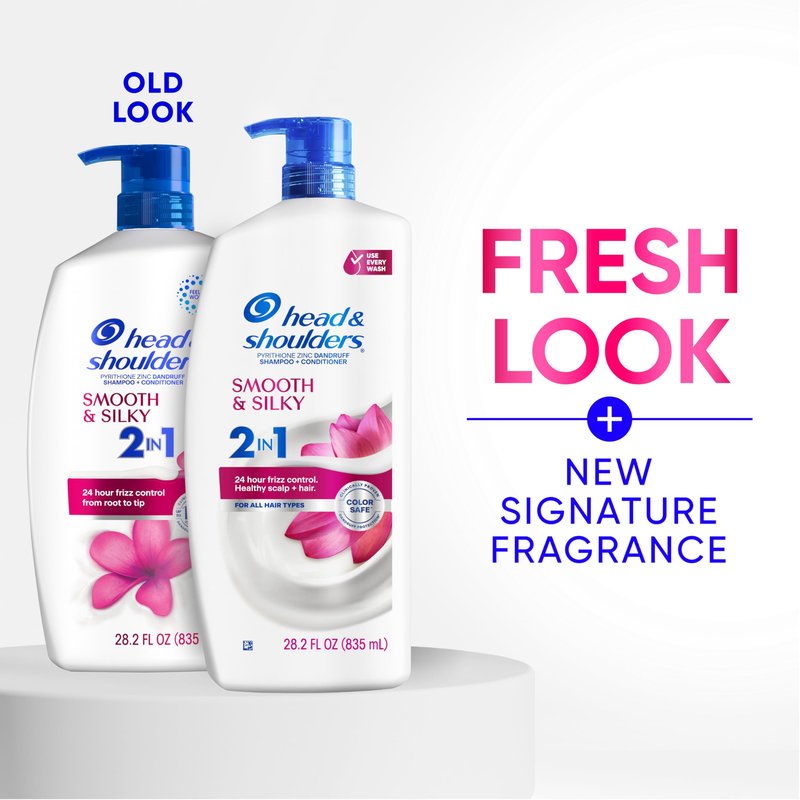 Head & Shoulders Anti-Dandruff Shampoo and Conditioner with 1% Pyrithione Zinc, Smooth & Silky 2 in 1, 24-Hour Frizz Control, Soothes Dry & Itchy Scalp, Leaves Hair Healthy, Shiny & Smooth, 28.2 Fl Oz