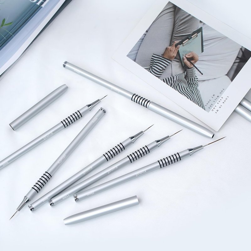 Metallic Nail Art Brushes - 6-Piece Non-Slip Liner Brush Set for UV Gel Polish | Fine Detailing Sizes 5-25mm (Silver)