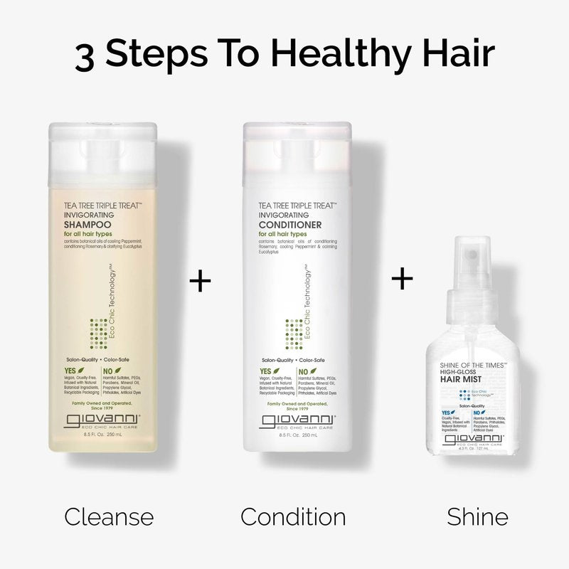 GIOVANNI Tea Tree Triple Treat Invigorating Shampoo - Cooling Peppermint, Eucalyptus & Rosemary, Strengthen & Rejuvenate Hair & Scalp, Salon Quality, Paraben Free, Tea Tree Shampoo - 8.5 oz (3 Pack)