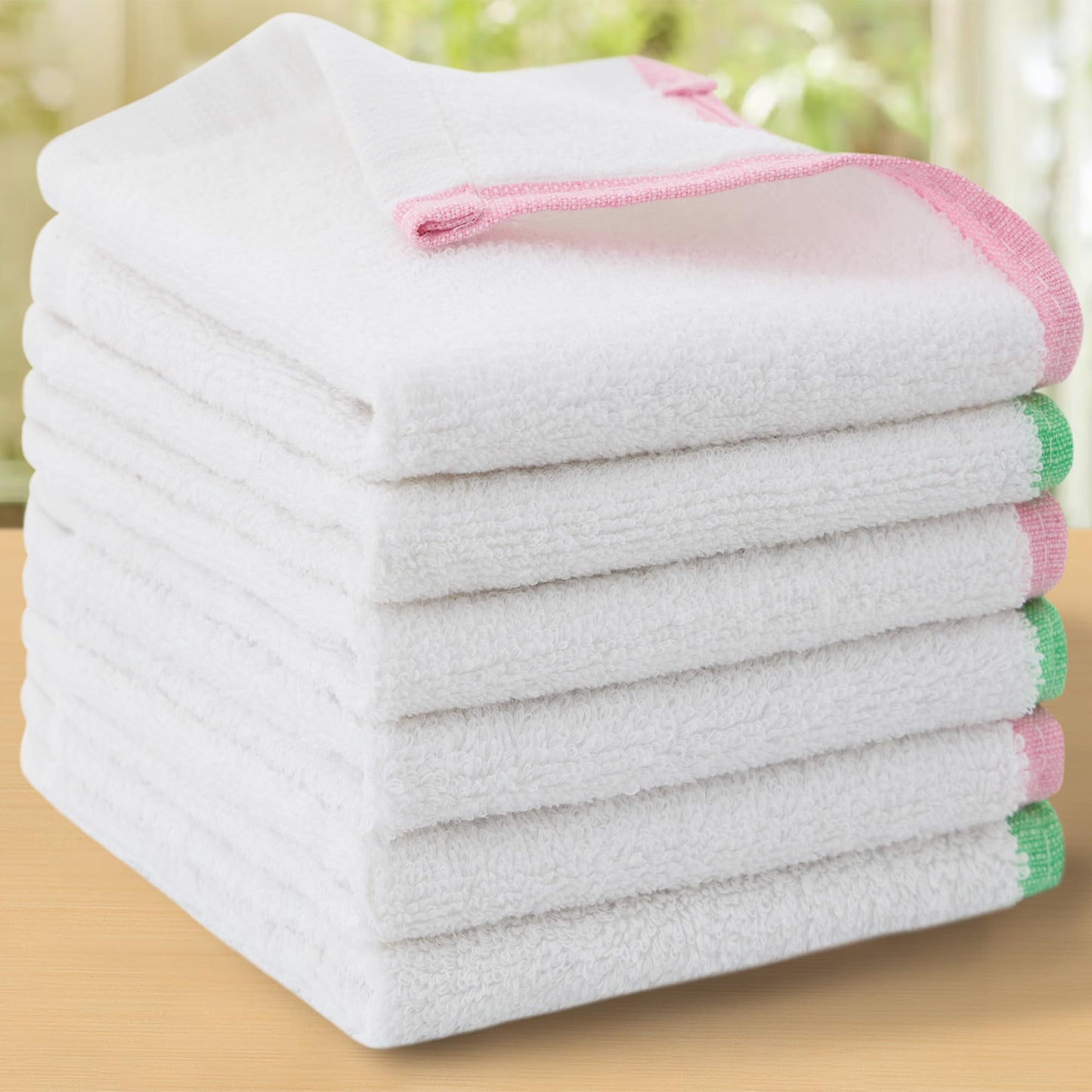 Bar Towels for Kitchen Cotton, Cleaning Rags Pack of 6, 12"x12" - 100% Cotton | No-Odor | 500GSM | Absorb | Soft, Washable Dishcloths for Kitchen, White Reusable Washcloths, Green Trim + Pink Trim