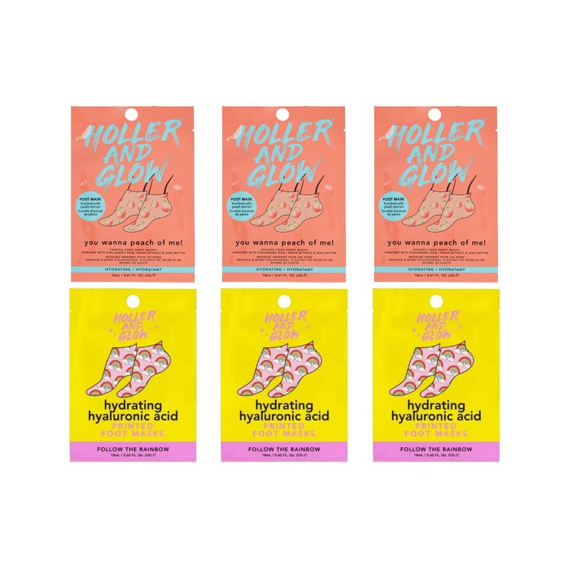 Holler And Glow Printed Foot Mask Variety Pack, Masks For Dry Cracked Feet, Peach & Vanilla Scented, Infused With Hyaluronic Acid, Hydrating Foot Care Treatment, Moisturizing Socks, 6 Piece Set