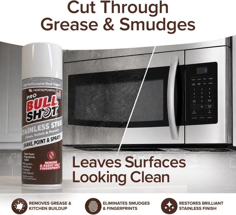 Bull Shot Stainless Steel Cleaner Spray - Cleans, Polishes & Protects | Removes Fingerprints & Streaks