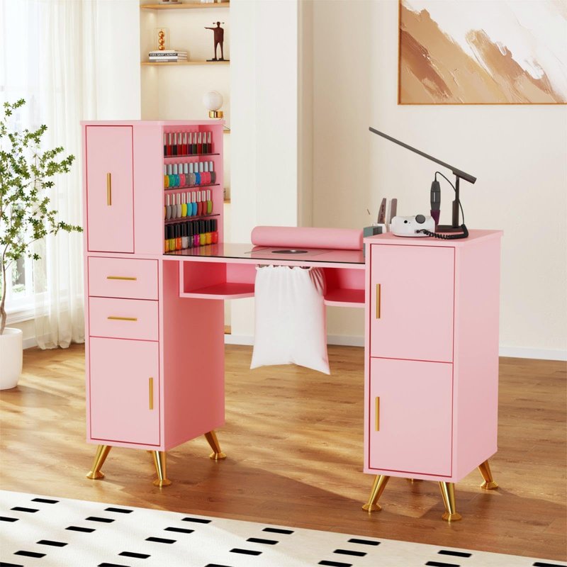 Kikihouse Manicure Table Nail Desk with Glass Top & Wrist Rest, Nail Station with Dust Collector & 4 Dust Bags, Beauty Salon Workstation with Storage Drawers & Cabinet (Pink)