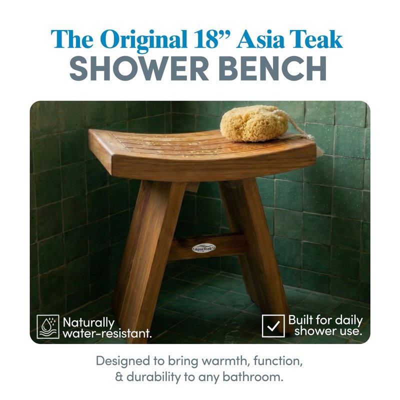 AquaTeak The Original 18" Asia Teak Shower Bench - Shower Stool for Bathroom - Durable Water Resistant Shower Chair - Shaving Foot Rest - Indoor & Outdoor Use