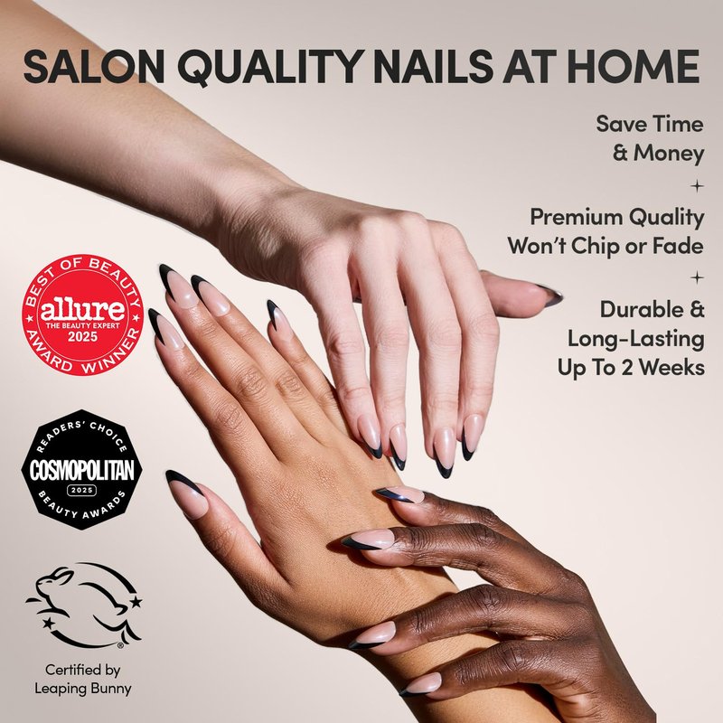 Glamnetic Press On Nails - Medium Almond Fake Nails, Black French Tip Nails, Black Truffle | 15 Sizes - 30 Nail Kit with Glue