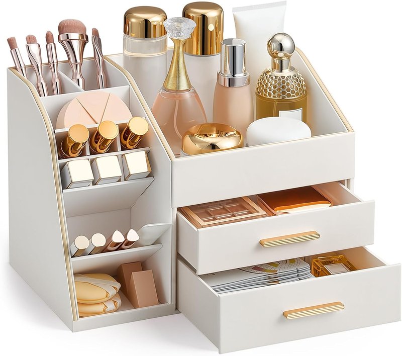 Makeup Organizer - 3-Layer PU Leather Storage Box for Skincare, Lipstick & Perfume | Easy to Clean - Cream