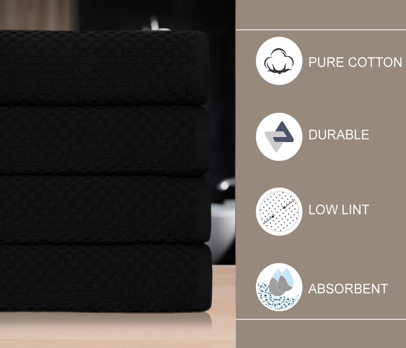 COTTON CRAFT Waffle Bath Towel - Set of 4 Luxury Euro Spa Waffle Weave Towels - 100% Ringspun Cotton Bath Towel - Super Absorbent Quick Dry Bath Towel Set - Oversized 30 inches x 56 inches - Black