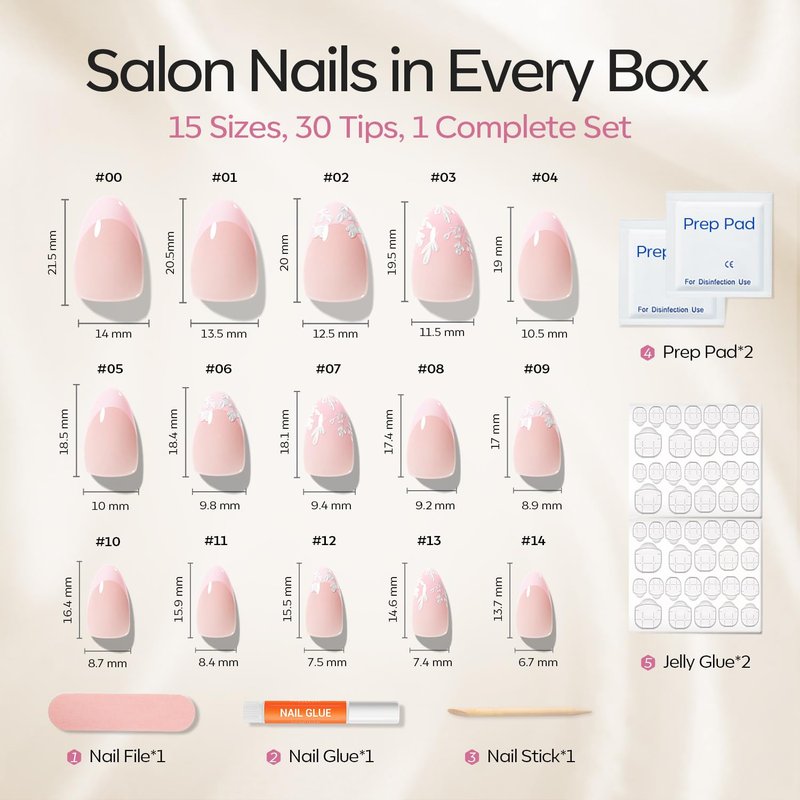 Modelones French Tip Press on Nails Almond, Short Almond Fake Nails, Semi-Transparent Soft Nail Kit with Nail Glue Adhesive Tabs Nail File, Spring Nails Press Ons 30Pcs 15 Sizes, Pink Flower