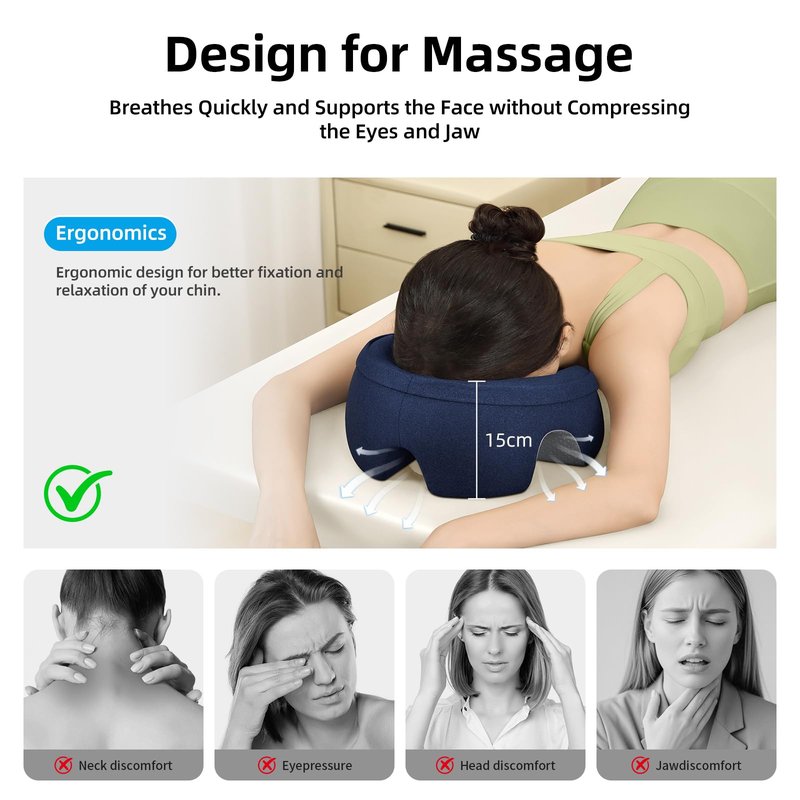 OSZZT Prone Massage Pillow for Facial Support，Prone Pillow for Eye Surgery，Detachable Cover，Facial Ventilation Hole Design (Navy Blue)