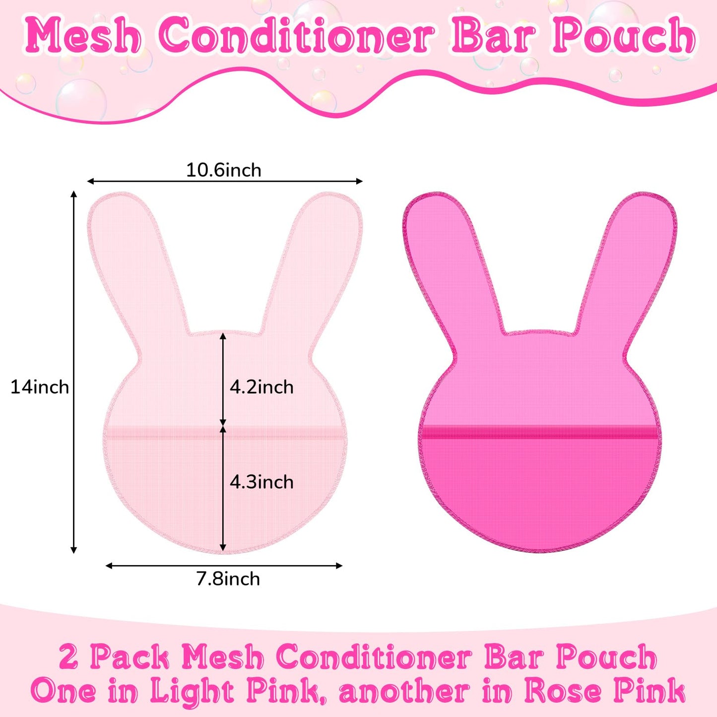 Nuanchu 2 Pcs Shampoo Bar Holder Bag Soap Saver Bag Beauty Shampoo Conditioner Bar Pouch Rabbit Shape Travel Soap Holder Loofah Bubble Foam Net Savers (Light Pink, Rose Pink,L)