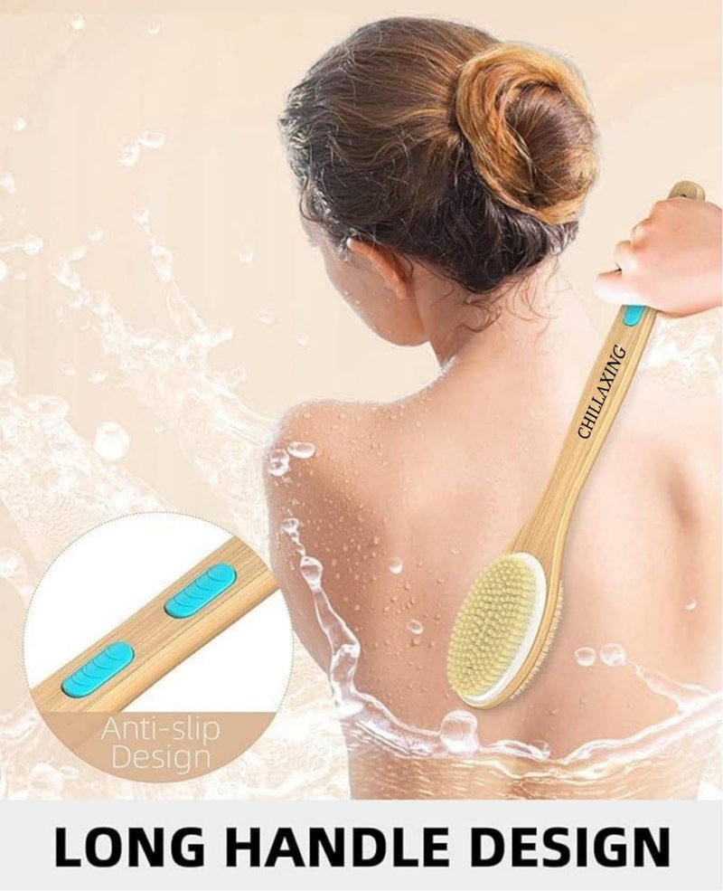 Chillaxing Long Handle Shower Brush – Eco-Certified, Eco-Friendly, 100% Vegan & Cruelty-Free, Dual-Sided Soft & Stiff Bristles, Back Scrubber & Body Exfoliator for Wet or Dry Brushing