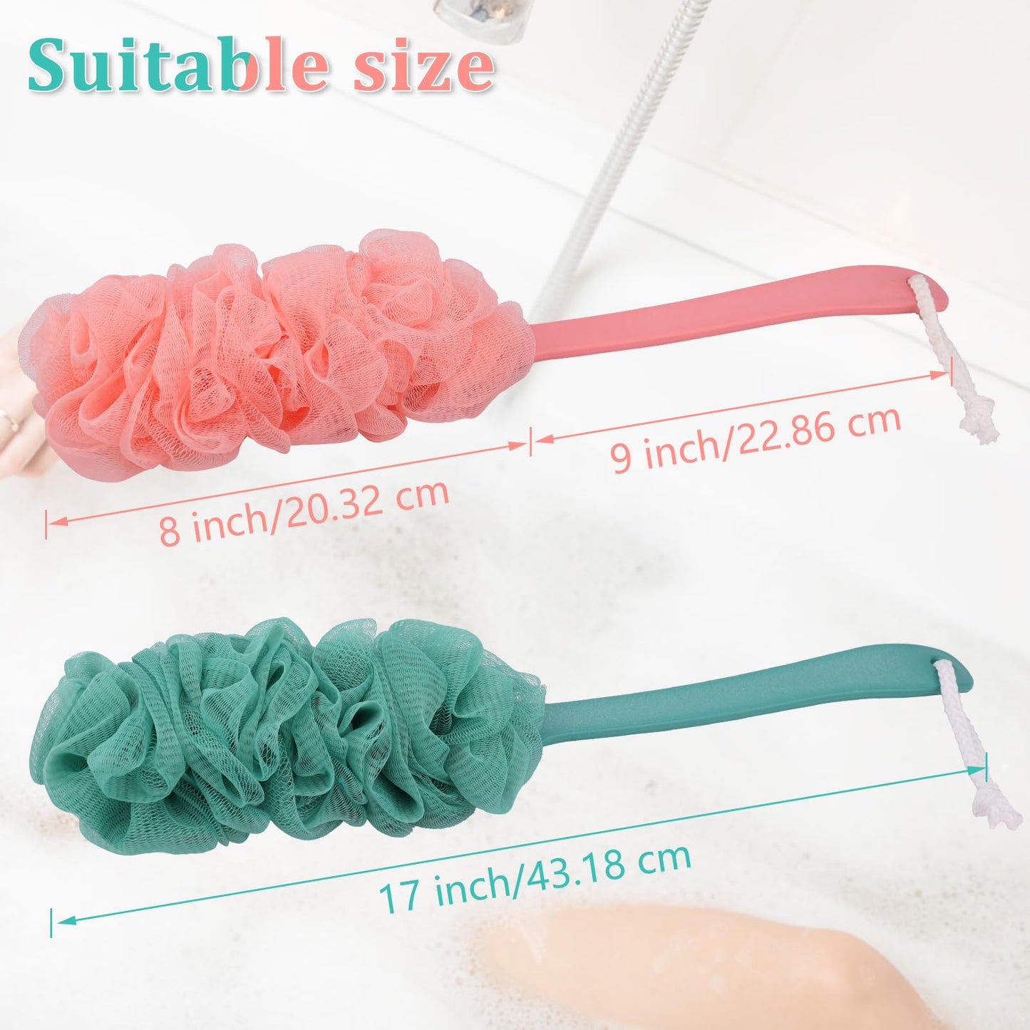 4Pack Back Scrubber for Shower Loofah with Long Handle, Shower Brush for Body, 17″ Loofah on a Stick for Men Women Bathing Accessories, Scrubber Sponge for Exfoliating Bath Brushes (Pink & Green)