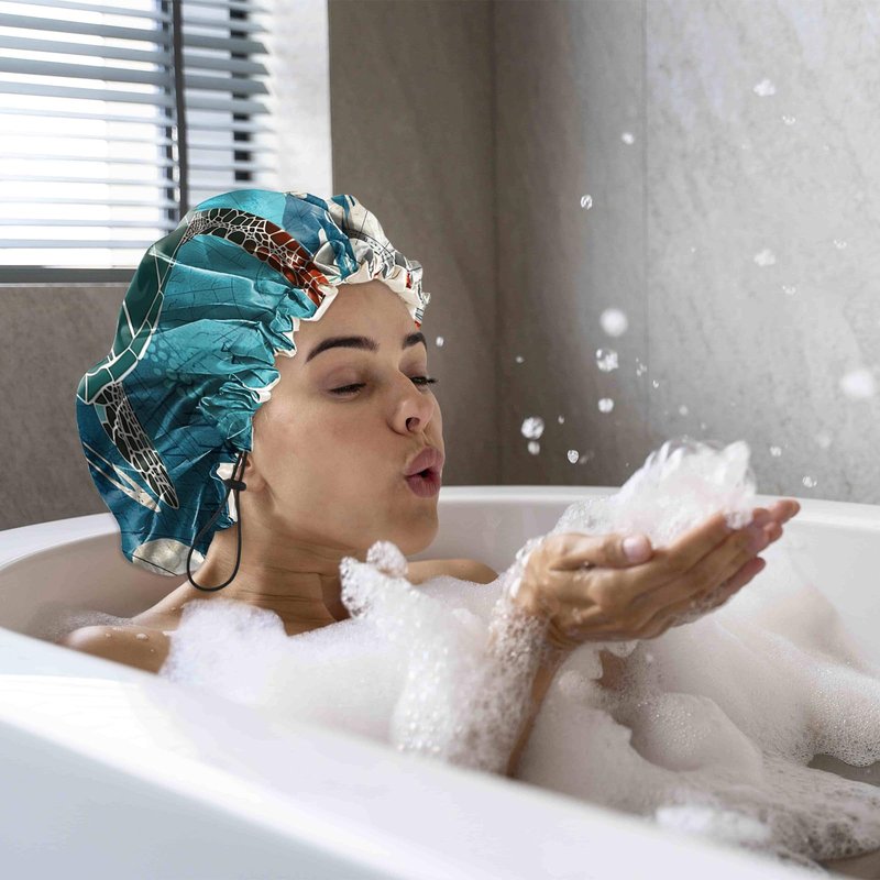 Cabreche Luxury Shower Cap Satin Silk Lined Adjustable Elastic Reusable Waterproof Shower Bath Cap Cute for Women Girls-Sea Turtle