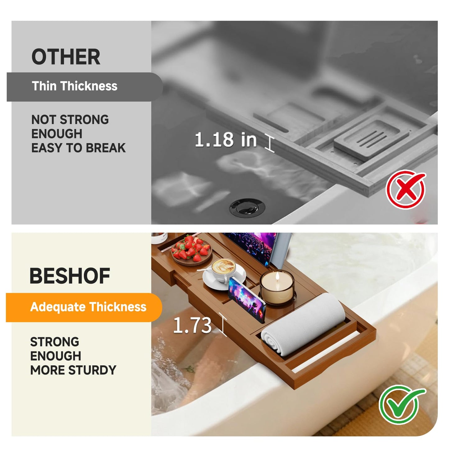 Foldable Bathtub Caddy Tray, Bamboo Bath Tub Tray Table for Tub with Wine Glass Holder Book Phone Tablet Holder with Extending Sides, Adjustable Bathroom Bathtub Free Soap Holder Gift Idea (Walnut)
