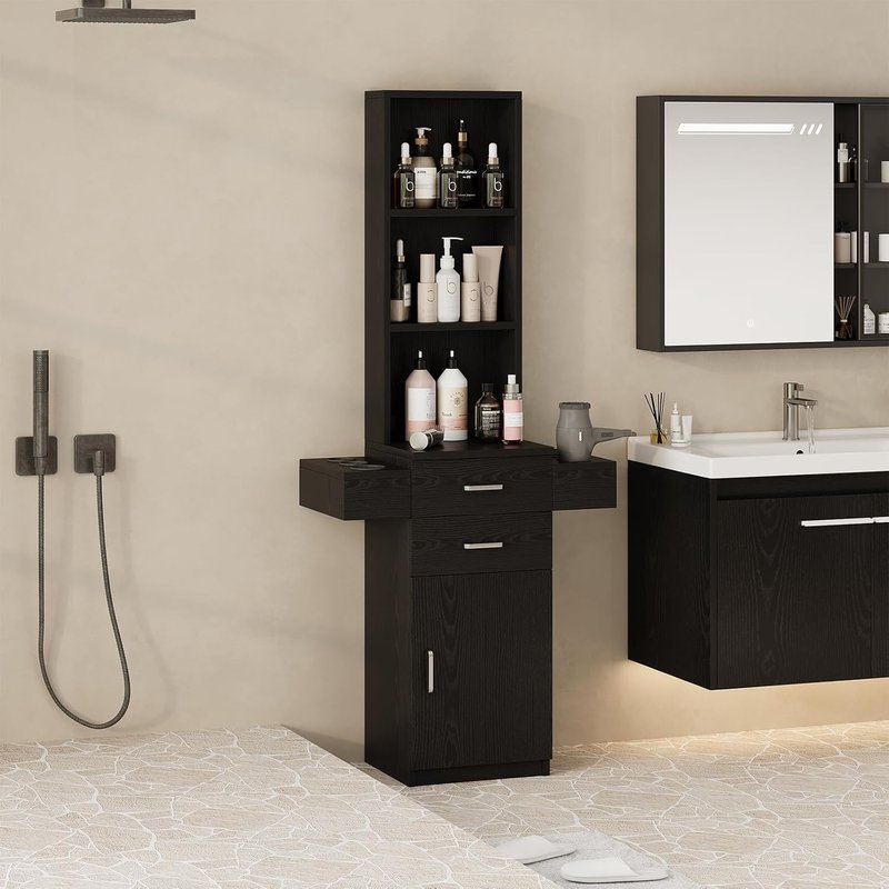 Salon Station for Hair Stylists - Black Barber Station with Hair Dryer Holder | Professional Hair Salon Equipment