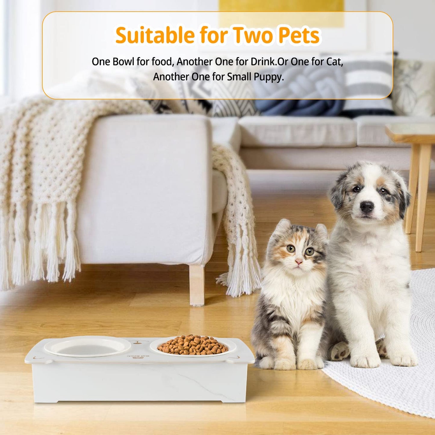 Elevated Cat Bowls, Tilted Raised Cat Food Ceramic Bowls with Stand Pet Bowl Cat Dishes for Food and Water with No-Spill Porcelain Pet Dishes for Cats and Small Dogs