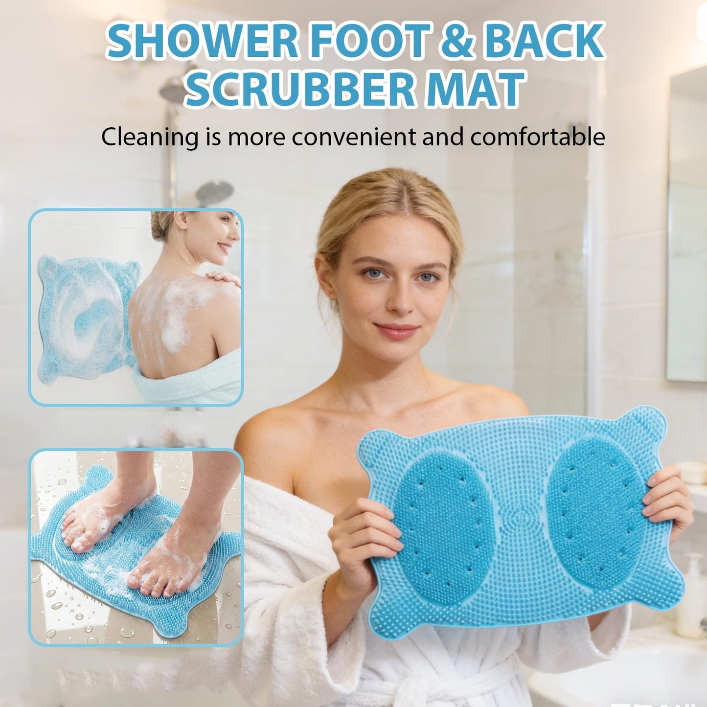 Quuztao Large Shower Foot Scrubber Mat, Non Slip Suction Cups Silicone Massage Bath Mat, Deep Cleaning & Exfoliation Feet Washer Brush Pad