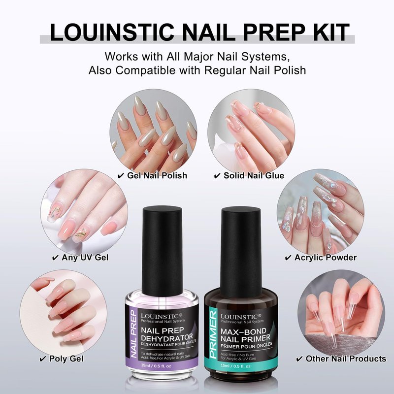 LOUINSTIC Nail Prep Dehydrator and Acid-Free Primer, Quick-Dry & Safe for Nails, for UV Gel, Acrylic, Gel Nail Polish & Press-On Nails Hema-Free – Professional Salon & DIY Manicure Kit, 15ml