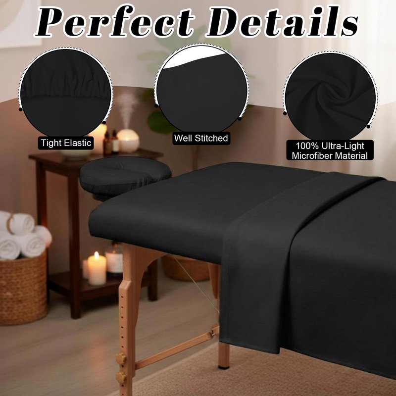 Oudain 8 Sets Soft Microfiber Massage Table Sheets Set 3 Piece Set Includes Massage Table Cover Fitted Sheet and Face Rest Cover(Black)