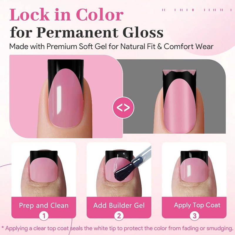 Skiennix 60Pcs Black French Tip Press-On Nails Set - Square Acrylic Full Cover Nails & Toenails for DIY Manicure