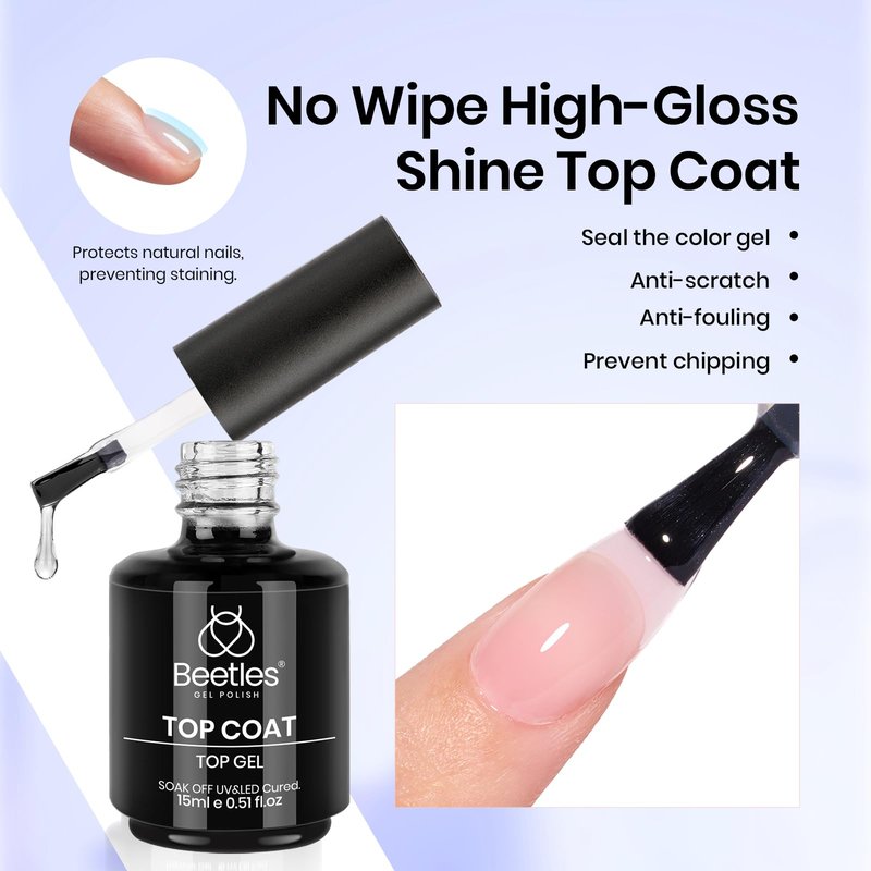 Beetles 3Pcs 15ml Builder Nails Gel with No Wipe Top Coat and Base Coat Set, Nail Extension Strengthening Nail for UV LED Lamp, Soak Off Gel Nail Polish for Nail Art