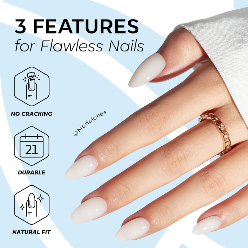 Modelones Milky White Press on Nails Almond, Short Fake Nails, Reusable Nail Kit with Nail Glue Adhesive Tabs Mini Nail File, Nails Press Ons 32Pcs 16 Sizes, Women Girl Gift ﻿