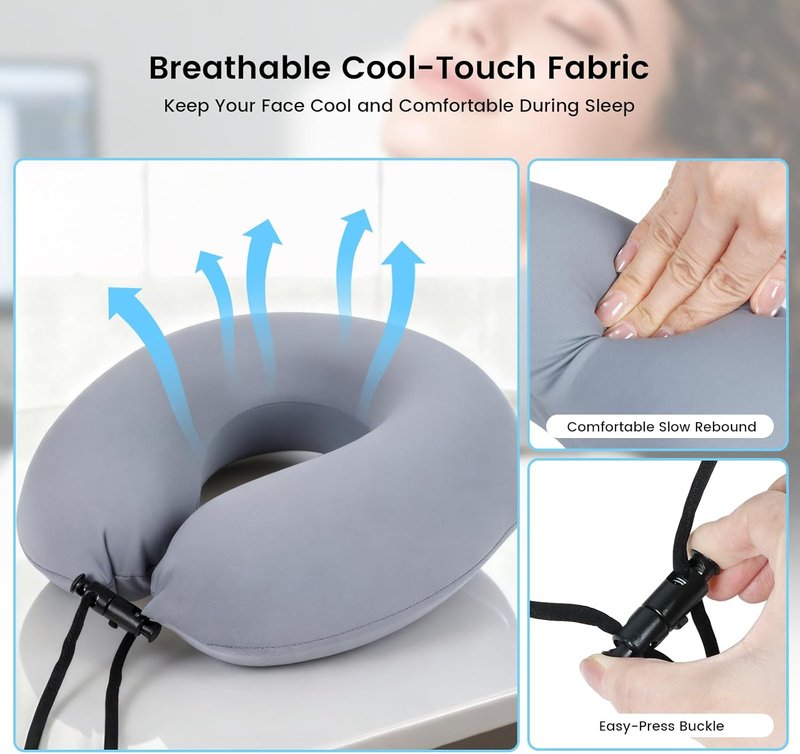 Cool Memory Foam Pillow - Adjustable Ergonomic Neck Support for Office & Travel | Slate Blue with Black Stand