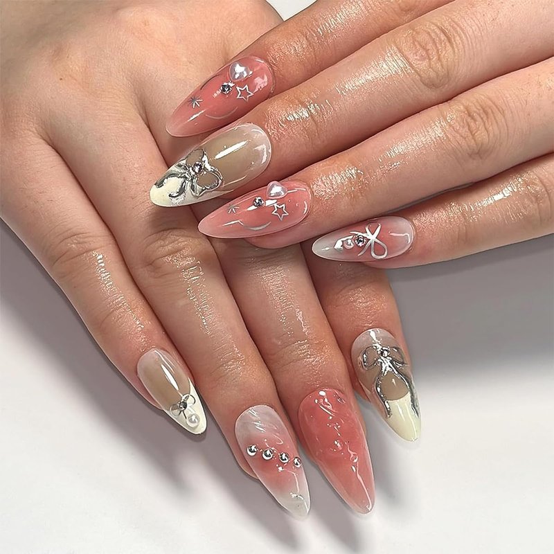 Press On Nails - Medium Almond Gradient Pink & White with Silver Bow | 24 Reusable 3D Rhinestone French Tip Nails for Women