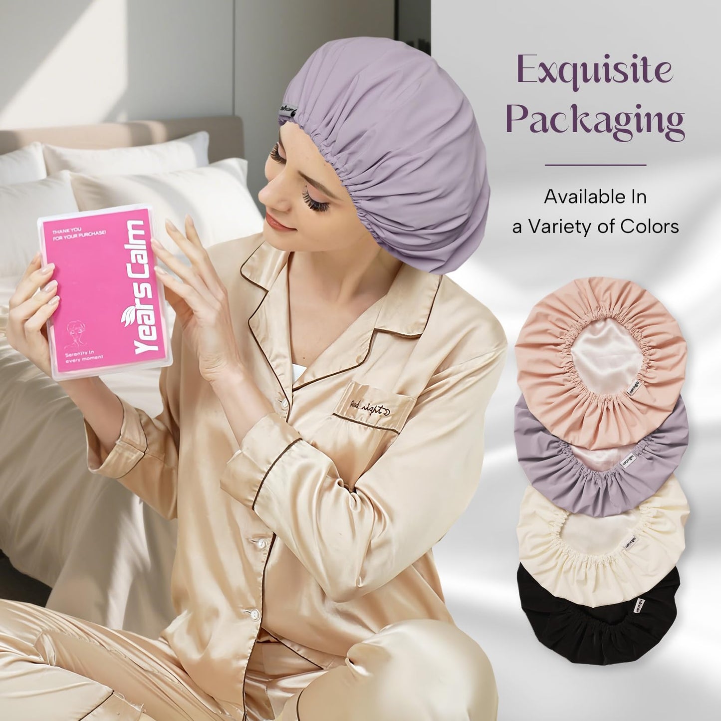 Years calm Shower Cap Reusable Waterproof, Double-Layer Hair Cap for Women, with Elastic Band, Ideal for Shower, Spa, Travel & Cleaning (Light purple, One Size)