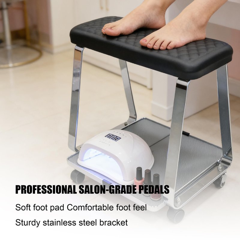 Erxewim Professional Pedicure Stool with Soft Memory Foam Cushion, Rolling Foot Rest Cart, Stainless Steel Legs, Ideal for Salon & Home Spa Use (Black)