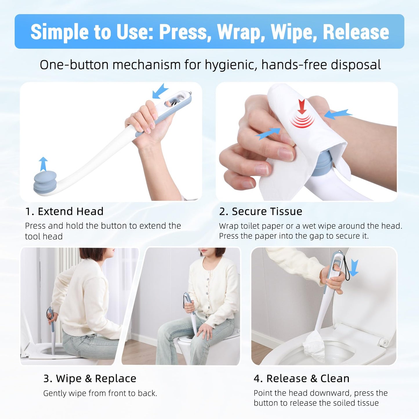 Chonario Toilet Aids for Wiping Bottom, 16.5" Long Reach Comfort Wipe - Butt Wiper Tool with Replaceable Head & Wrist Strap - Bottom Buddy Wiping Aid for Elderly, Disabled, Overweight, Post-Surgery