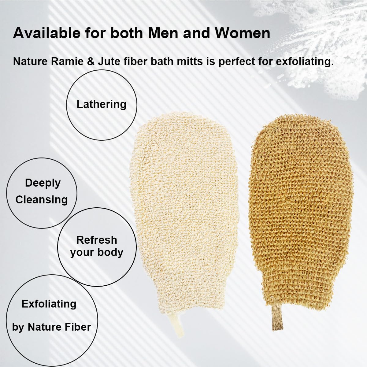 PPHAO BASIC - Bath Gloves for Shower - Bath Mitts Washcloths - Bath Gloves Exfoliating for Women and Men - Body Scrubbers for Use in Shower - Ramie and Jute Fiber - 2 Pack