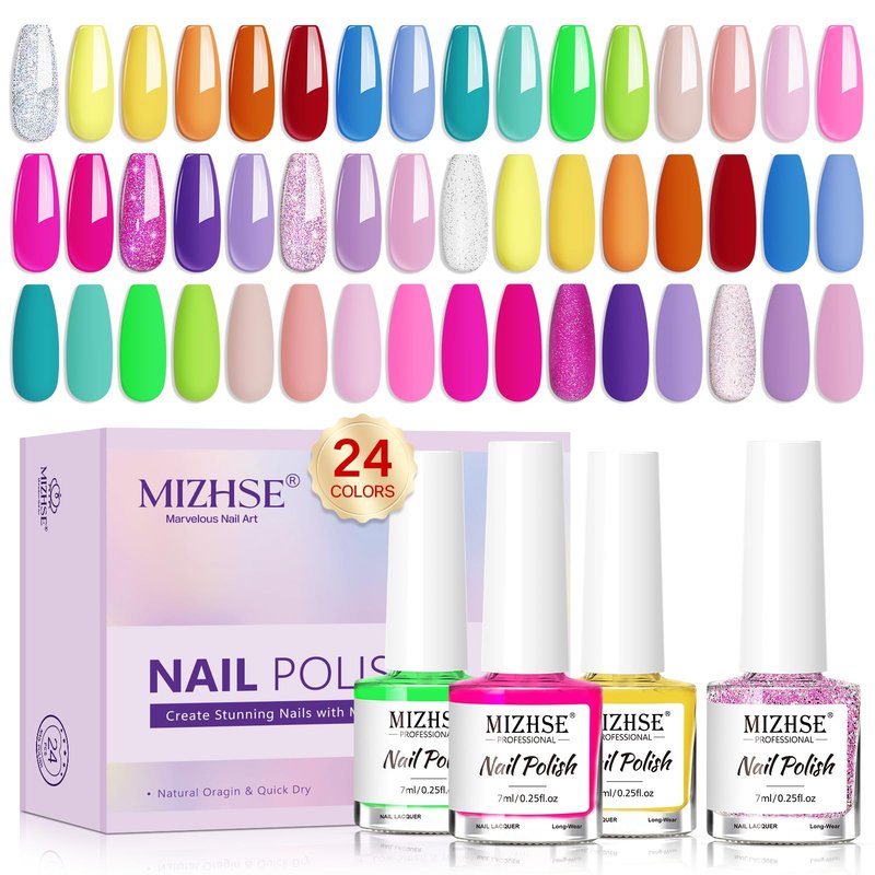 MIZHSE Quick Dry Nail Polish Set, 24 Colors Spring Summer Regular Nail Polish Non Gel, Air Drying Fast Neon Trendy Glitter Bulk Nail Lacquer Oil-based Long Lasting Home DIY Gift for Women