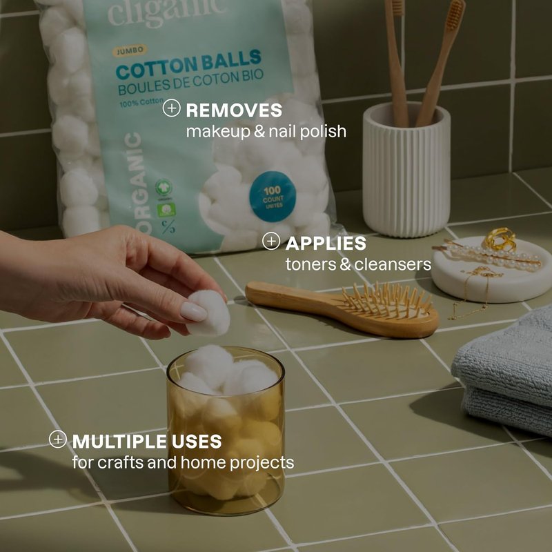 Cliganic Organic Super Jumbo Cotton Balls - Hypoallergenic, Absorbent, 100% Pure | 100 Count