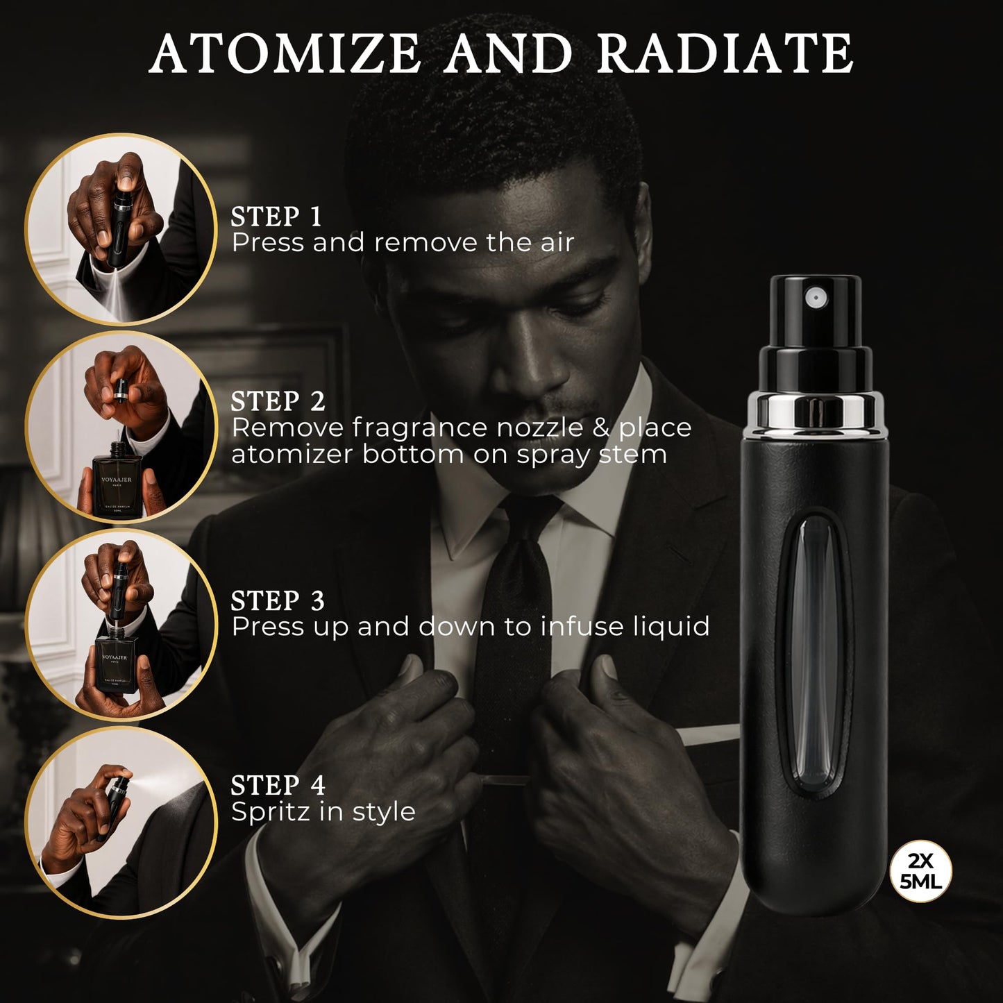 Voyaajer Noir 5 Piece Essential Set | 2-Black 5ML Refillable Cologne-Perfume Atomizers | 1-Black Vegan Leather Case | 1-Black Lip Balm Sleeve Holder | 1-Nail Clipper | Reusable and TSA Compliant.