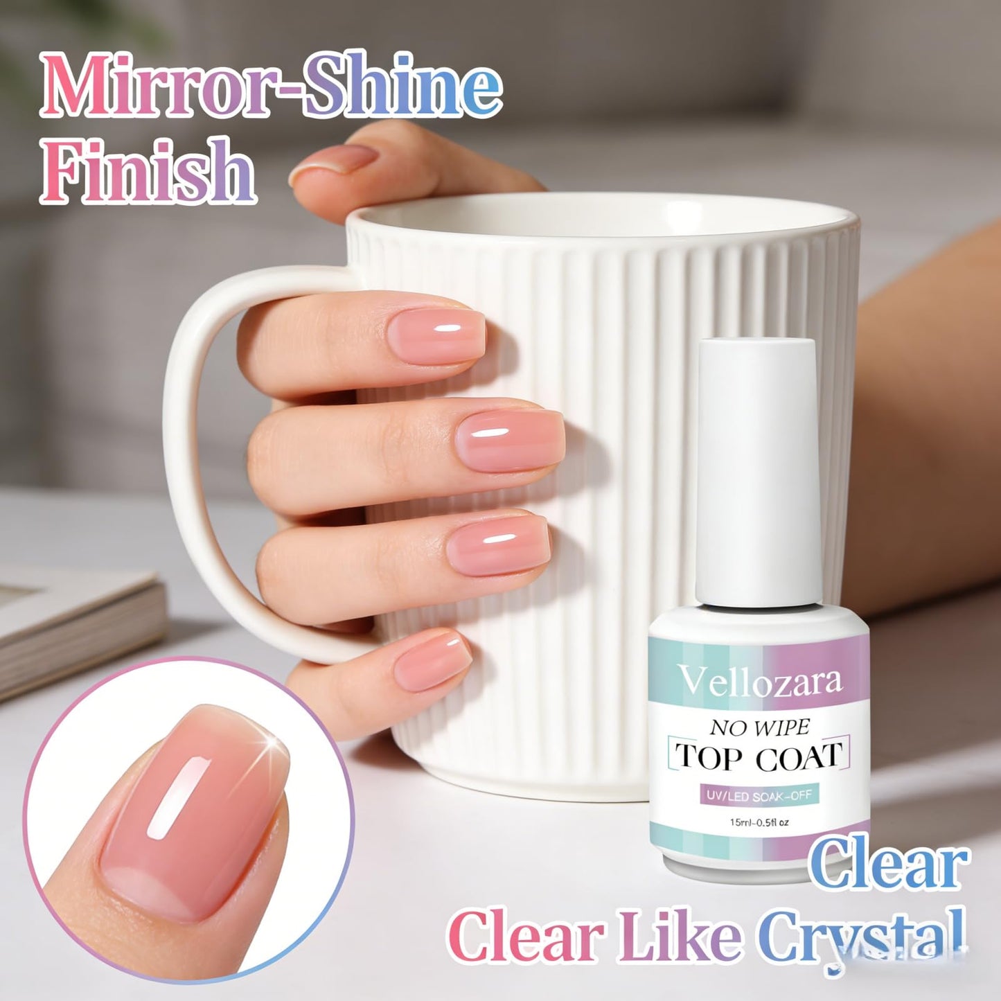 Vellozara Gel Top Coat Nail Polish, No Wipe Gel Top Coat, Clear Color Nail Polish Shine Finish and Long Lasting, Salon Quality Art Design for Home Use Beauty, Need U V/LED Lamp, for Girls Gift 15ml