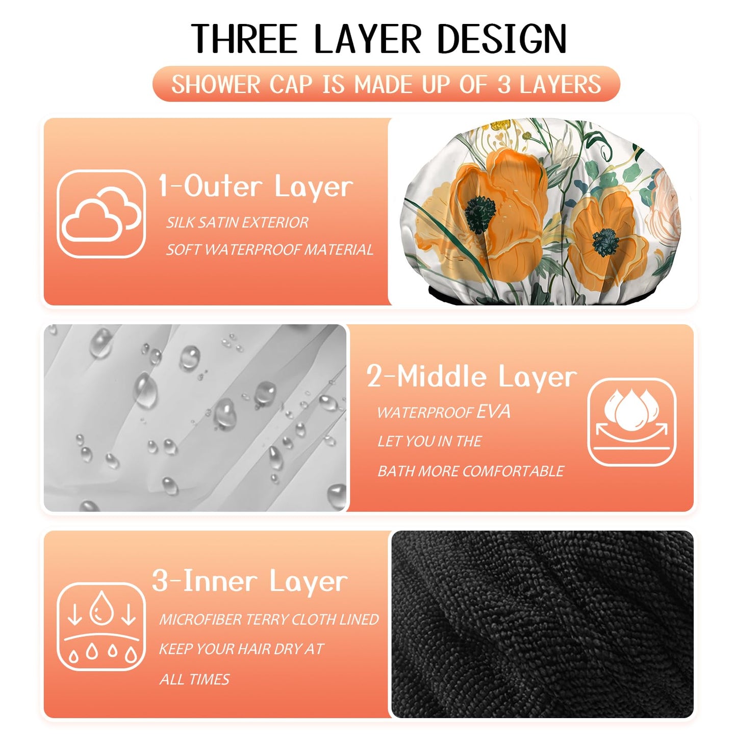 Cabreche Luxury Shower Cap Terry Lined Reusable Triple Layer Waterproof Hair Elastic Caps Shower Bath Hat for Women Girls Cute Aesthetic-Orange Flower