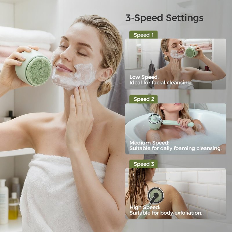 Mesiiloly Electric Body Bath Brush for Shower, Rechargeable Body Brush with Detachable Long Handle and 5 Heads, 3 Speeds Bath Brush for Skin Care, Basic Cleaning and Massage (Sliver)