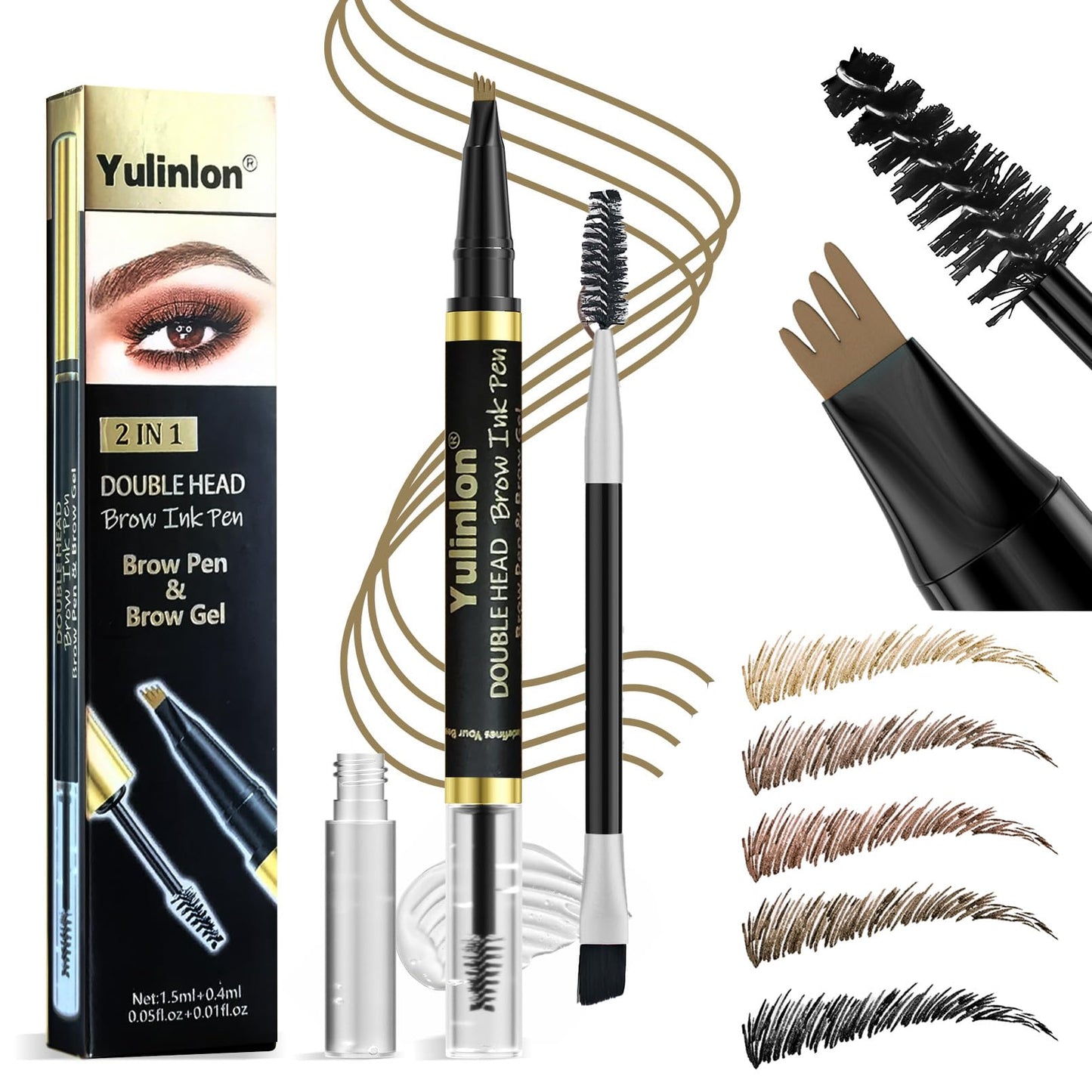 Yulinlon 2-in-1 Double Head Eyebrow Pen and Gel, Waterproof Brow Makeup with Dual-Ended Applicator (3#Dark Brown)