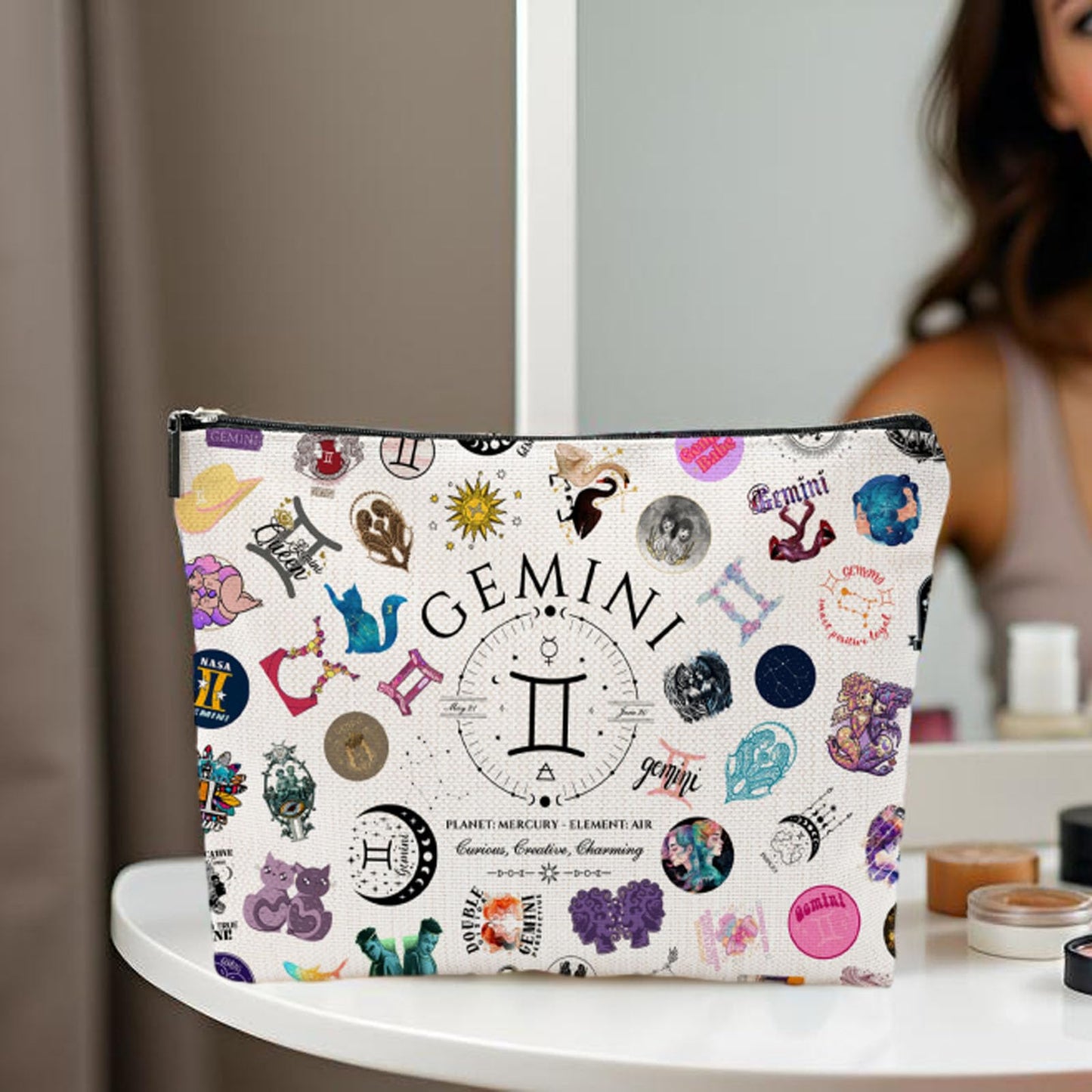 XYZONE Gemini Gifts for Women, Gemini Cosmetic Bag, June Birthday Gifts, Zodiac Themed Travel Makeup Bags