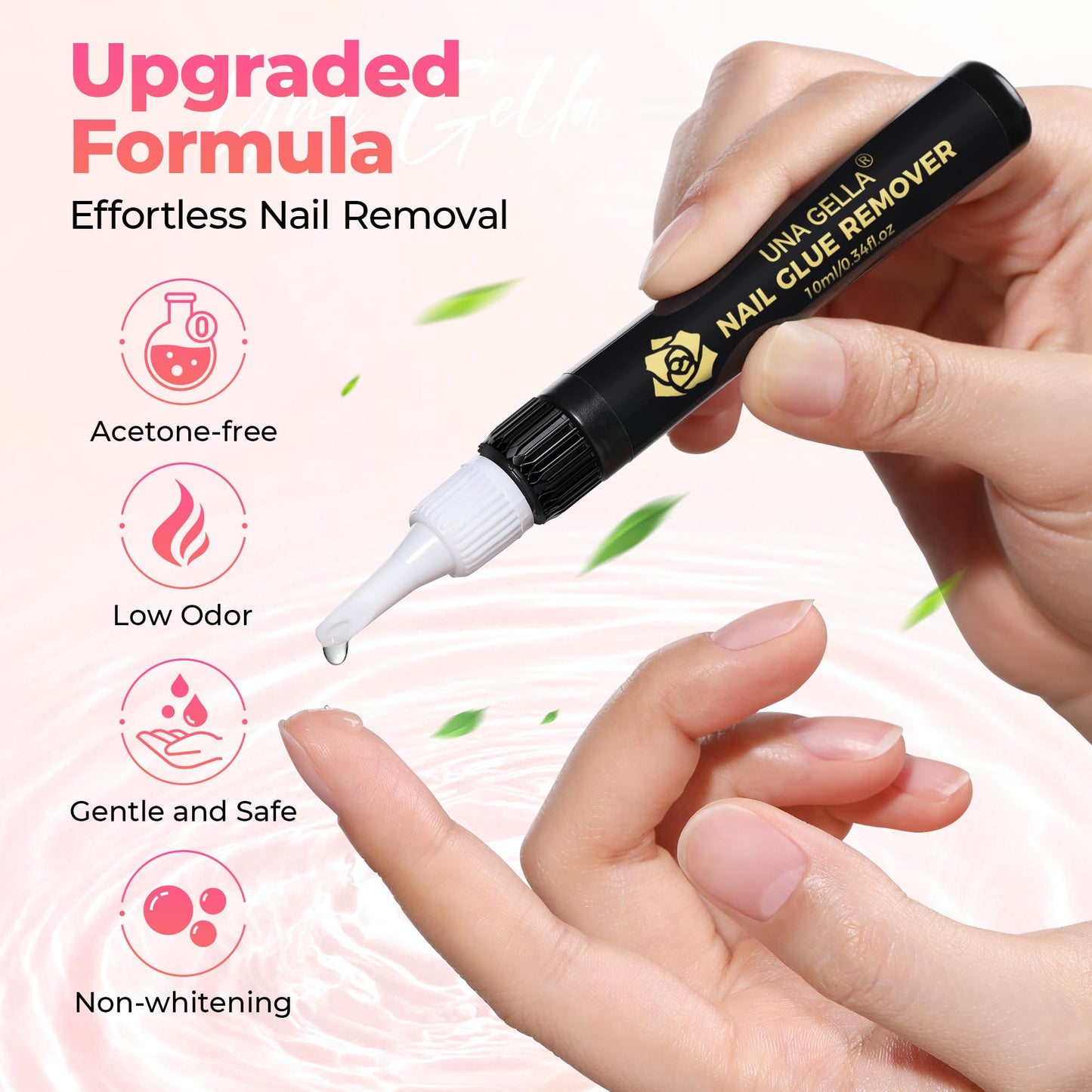 UNA GELLA No Mess Nail Glue Remover for Press On Nails 10ml 2Pcs, Acetone Free Multi-functional Fake Nail Remover with Built-in Pry Tip, Quick Adhesive Debonder for False Tips, Not for U V/LED Gel