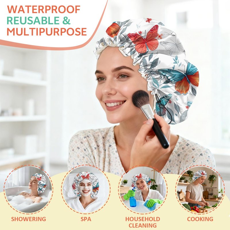 BHAHB Shower Cap Reusable Double Layer Adjustable Elastic Waterproof EVA Hair Bath Caps for Women Girls Cute Aesthetic-Butterfly